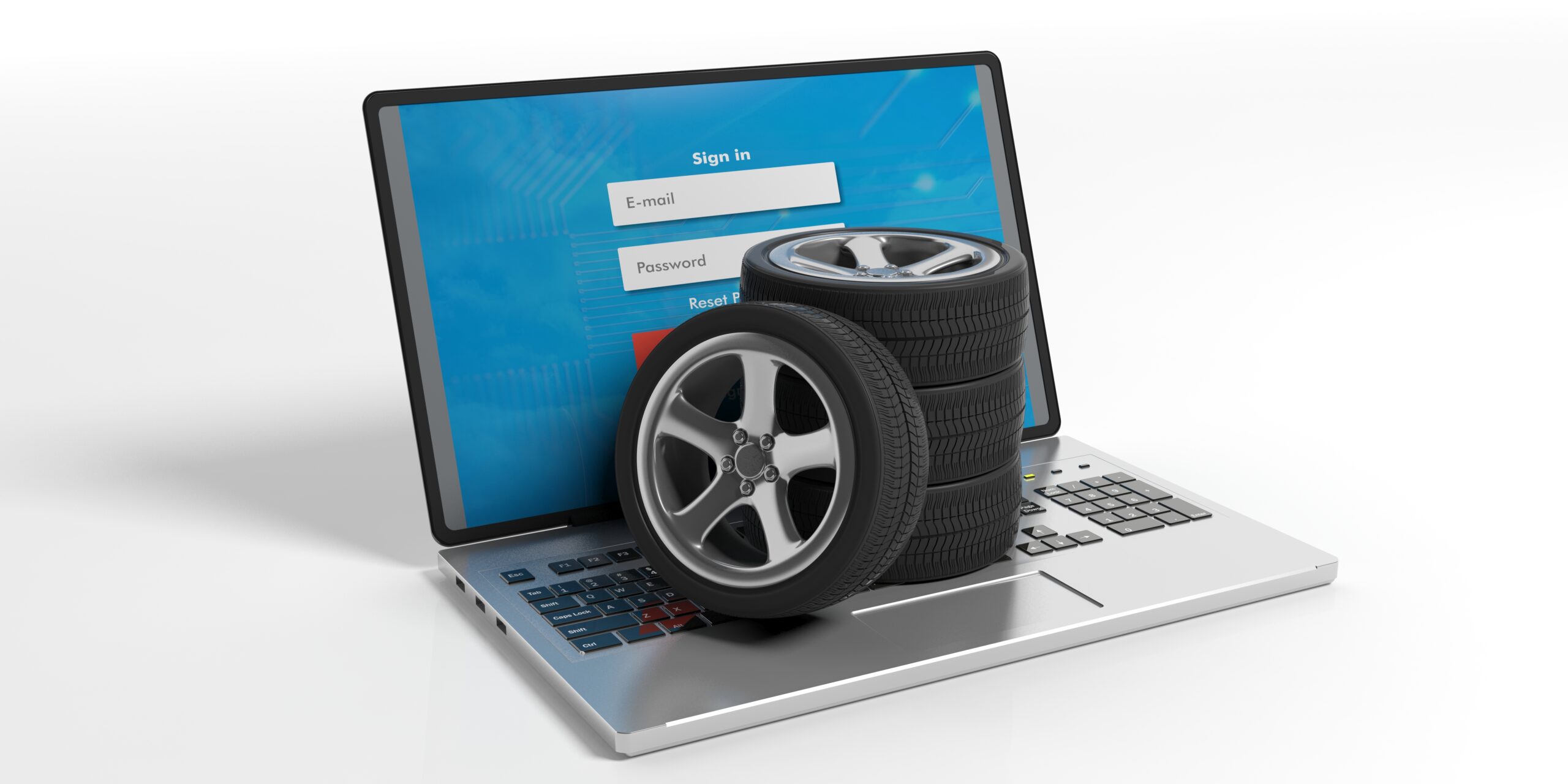 Car wheels on a laptop on white background. 3d illustration